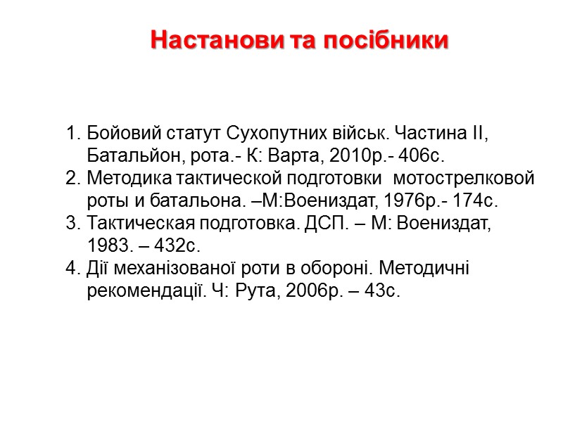 Настанови та посібники Бойовий статут Сухопутних військ. Частина II, Батальйон, рота.- К: Варта, 2010р.-